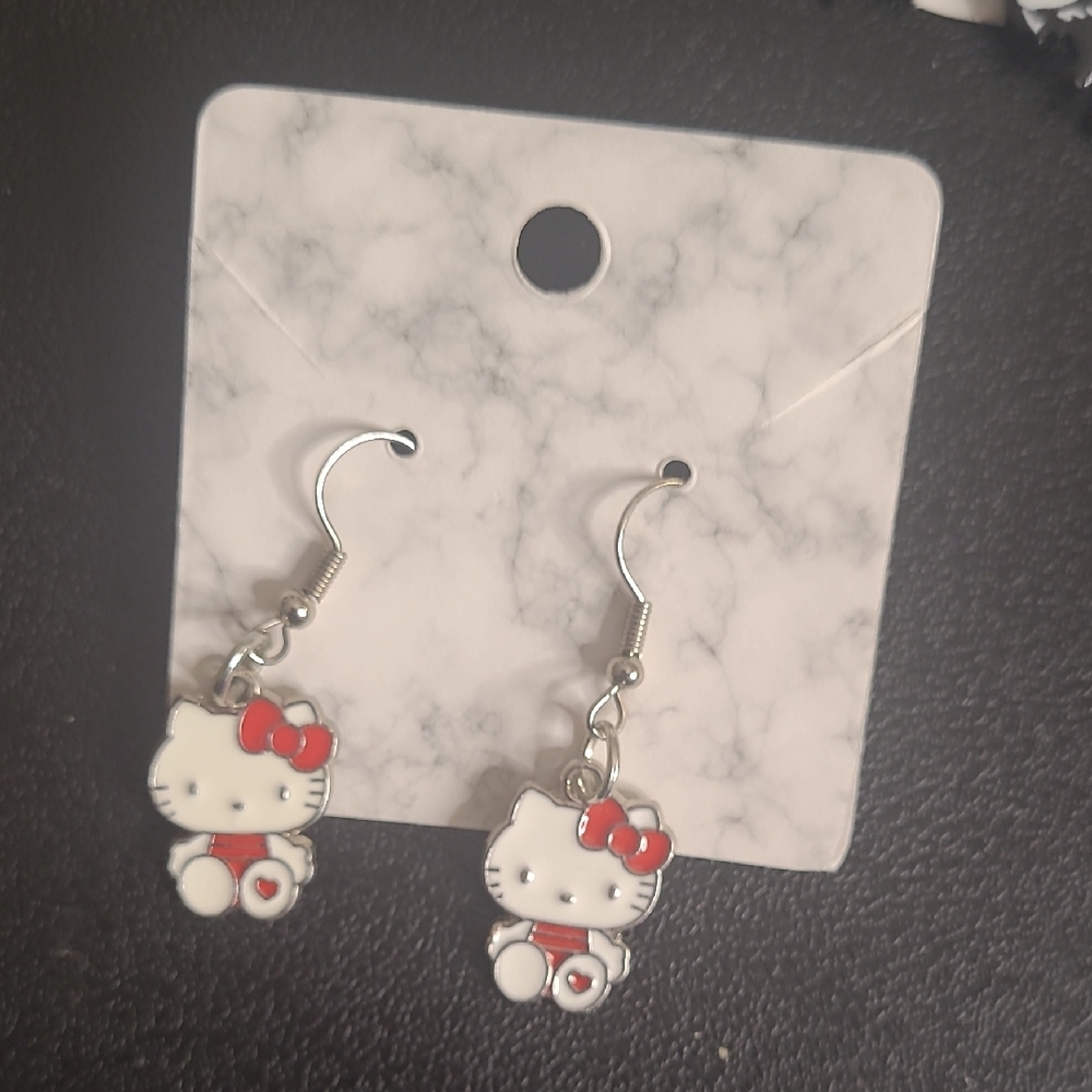 Handmade By Me! Hello Kitty White and Red Enamel Charm Hook Earrings